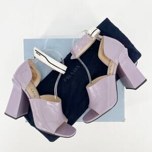 Prada Lavender Pastel Purple Patent Leather Ankle Strap Block Heel Sandal IT 39